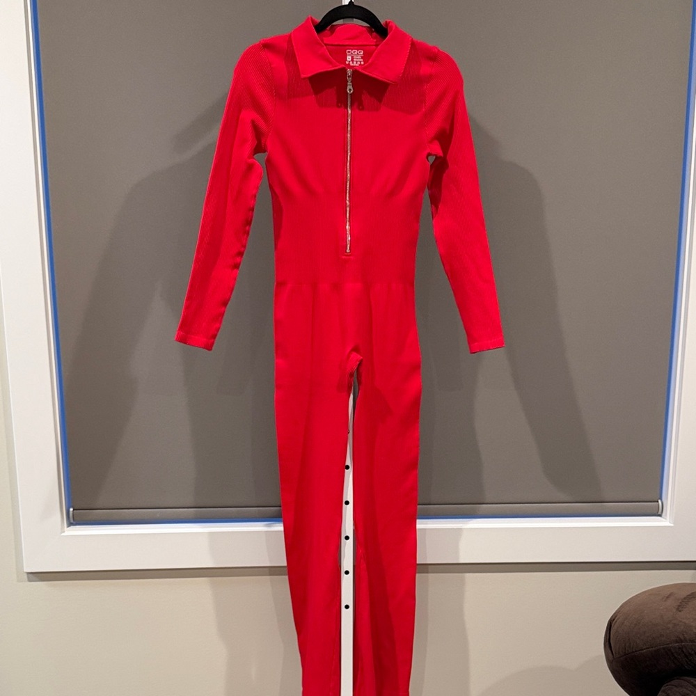 Red Long-Sleeve Zip-Front Jumpsuit